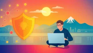 Biểu tượng bảo mật và không gian làm việc của chuyên gia marketing với laptop.