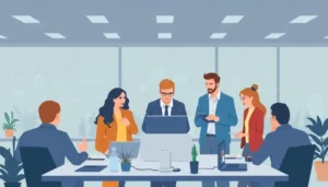 Hình ảnh mô tả sự hợp tác và kết nối giữa các chuyên gia trong một môi trường công nghệ hiện đại.