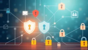 Hệ thống mạng an toàn với biểu tượng bảo vệ dữ liệu.