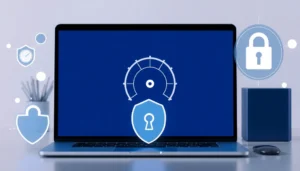 Hình ảnh MacBook với hiển thị tốc độ internet nhanh nhờ proxy.