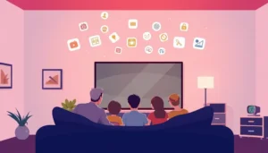 A happy family enjoying streaming movies together with various platforms shown.