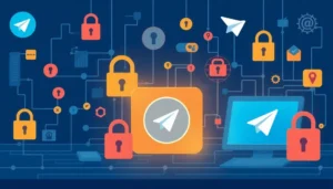 Hình ảnh tóm tắt về việc sử dụng proxy cho Telegram, thể hiện an toàn, tốc độ và sự ẩn danh.