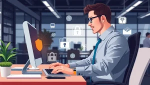 Cảnh một người sử dụng máy tính trong môi trường văn phòng với giải pháp proxy để tăng tốc truy cập.