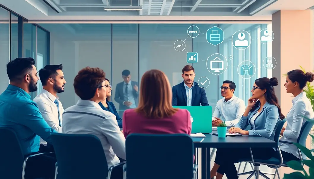 Khung cảnh văn phòng với đội ngũ chuyên nghiệp thảo luận về bảo mật.