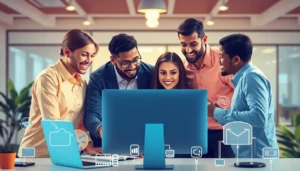 Đội ngũ chuyên gia hợp tác trong không gian làm việc hiện đại, thúc đẩy sự đổi mới trong công nghệ.