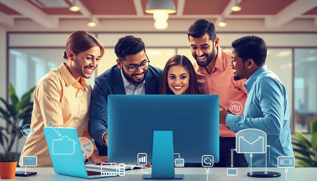 Đội ngũ chuyên nghiệp làm việc cùng nhau trước màn hình công nghệ, khám phá dịch vụ VPS.