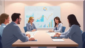 Một cuộc họp doanh nghiệp với các biểu đồ và đồ thị về dịch vụ proxy.
