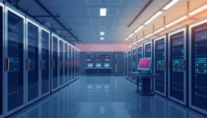 Mô tả một phòng máy chủ hiện đại cho thấy sức mạnh của dịch vụ VPS dung lượng lớn.