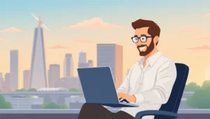 Một doanh nhân vui vẻ sử dụng dịch vụ VPS tại văn phòng của mình.