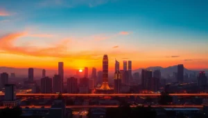 Khung cảnh hoàng hôn tuyệt đẹp ở Hà Nội, thể hiện sự phát triển và cơ hội.