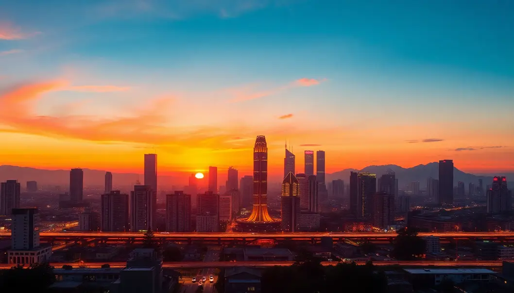 Hoàng hôn trên bầu trời Hà Nội, tượng trưng cho sự phát triển.