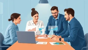 Nhóm chuyên gia đang thảo luận về dịch vụ thuê VPS trong một môi trường văn phòng hiện đại.