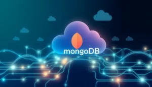 Hình ảnh diễn tả khái niệm điện toán đám mây và quản lý dữ liệu với logo MongoDB.