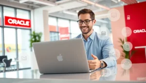 Một doanh nhân vui vẻ làm việc với laptop, hiện ra thương hiệu Oracle.