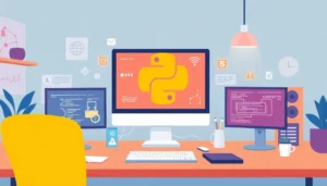 Một không gian làm việc kỹ thuật số hiện đại với các lợi ích của việc thuê VPS để chạy Python.